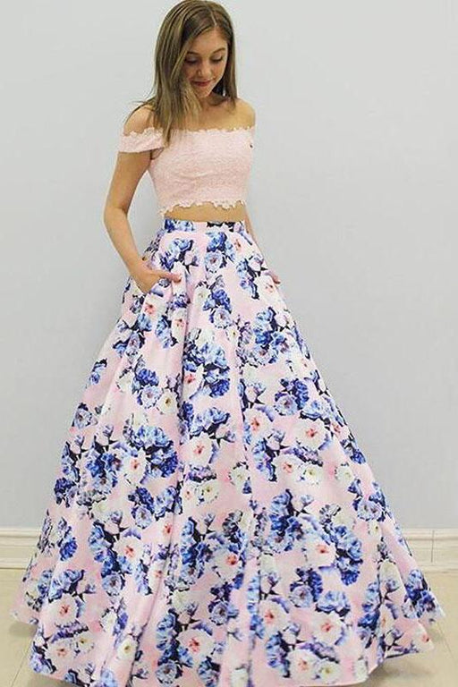 Fascinating Fascinating Two Piece Off the Shoulder Pink Floral Long Prom Gown A-line Formal Dresses with Lace - Prom Dresses