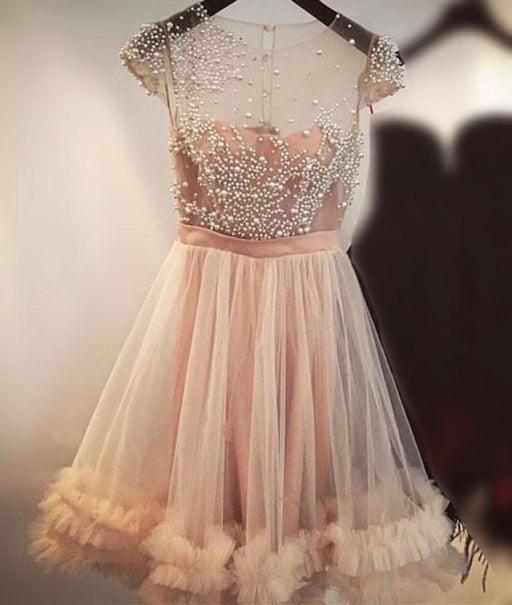 Fashion A-Line Jewel Cap Sleeves Tulle Homecoming Beading Short Prom Dress - Prom Dresses