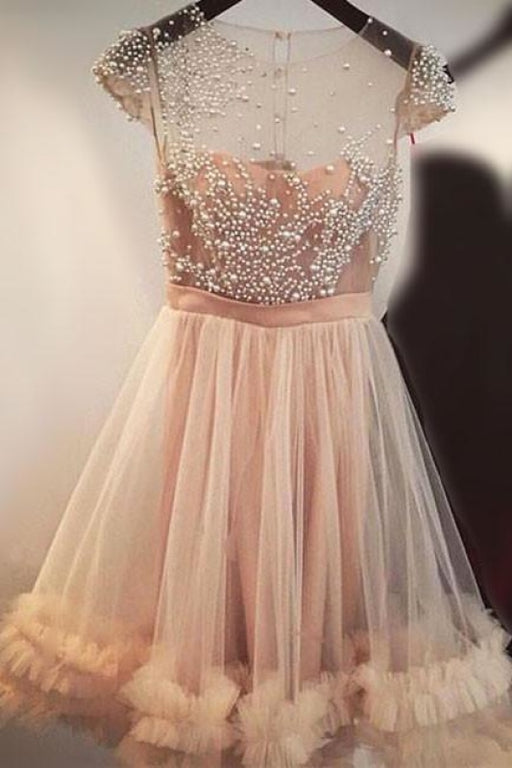 Fashion A-Line Jewel Cap Sleeves Tulle Homecoming Beading Short Prom Dress - Prom Dresses