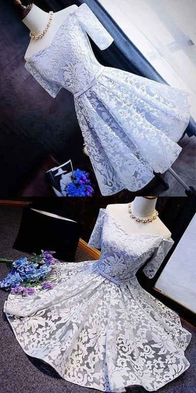 Fashion A-line Off-the-shoulder 1/2 Sleeve Lace Homecoming Dresses with Bowknot - Prom Dresses
