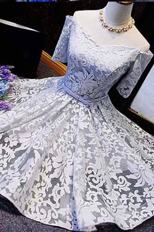 Fashion A-line Off-the-shoulder 1/2 Sleeve Lace Homecoming Dresses with Bowknot - Prom Dresses