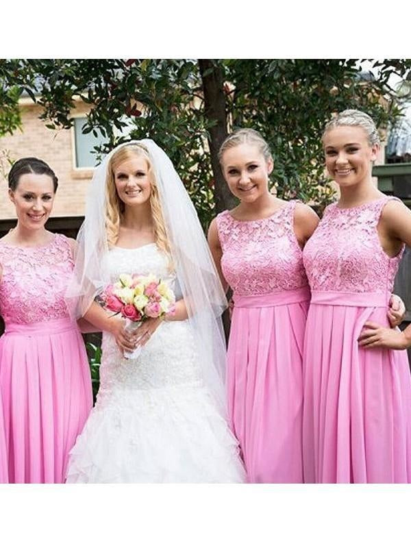 Fashion A-Line/Princess Sleeveless Floor-Length Scoop Lace Chiffon Bridesmaid Dresses YB33PO603 - Bridesmaid Dresses