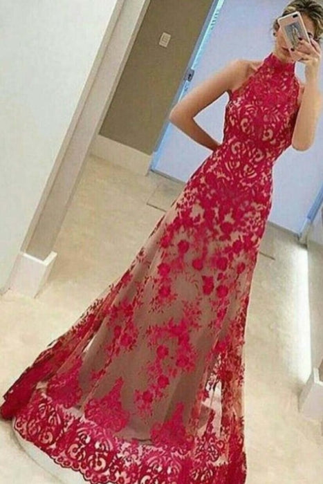 Fashion Cheap A-Line High Neck Sleeveless Floor-Length Red Lace Prom Dress - Prom Dresses