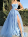 Fashion Criss-Cross Back Light Blue Lace Long Prom Dresses with High Slit, Backless Light Blue Lace Floral Formal Evening Dresses 