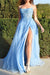 Fashion Criss-Cross Back Light Blue Lace Long Prom Dresses with High Slit, Backless Light Blue Lace Floral Formal Evening Dresses 