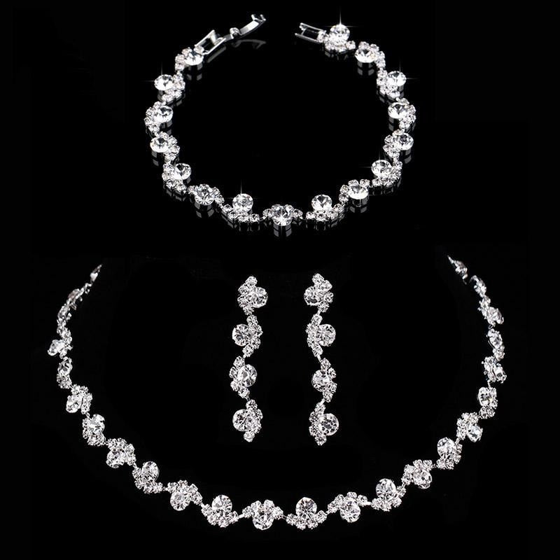 Fashion Crystal Silver Necklace Earrings Bracelet Jewelry Set | Bridelily - jewelry sets
