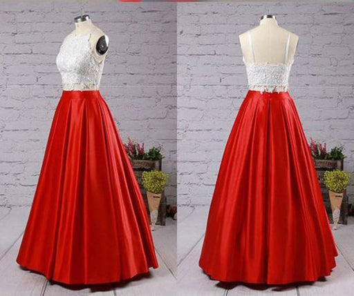 Fashion Red Two Piece Square Neck Satin with Appliques Lace Prom Dress Long - Prom Dresses