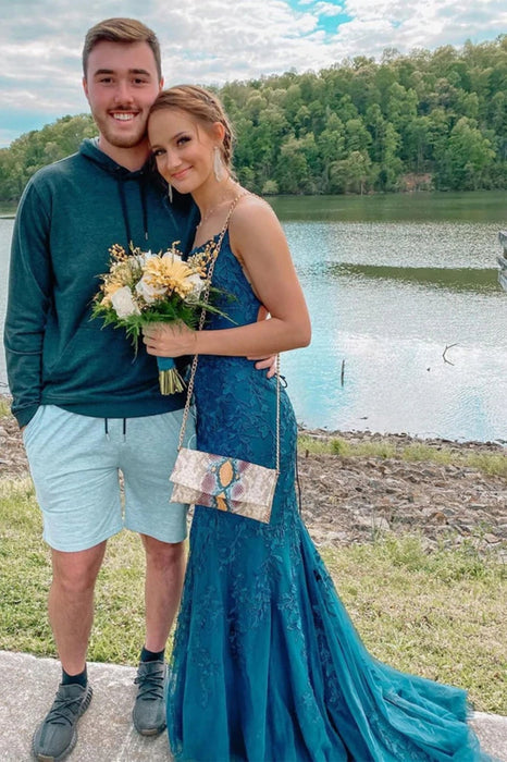 Teal Lace Tulle Mermaid Backless Long Prom Dresses-Bridelily Teal Lace Tulle Mermaid Backless Long Prom Dresses-Bridelily