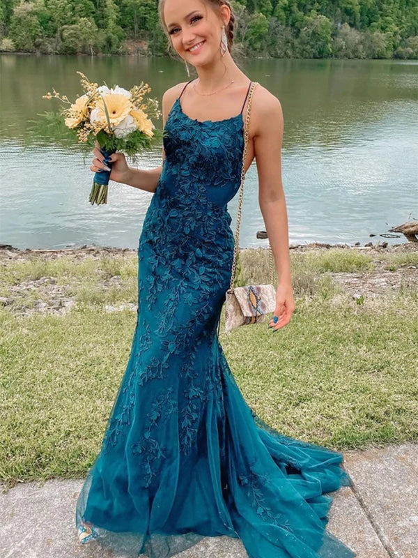 Teal Lace Tulle Mermaid Backless Long Prom Dresses-Bridelily