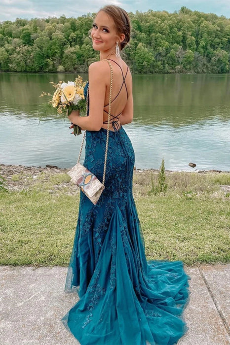 Teal Lace Tulle Mermaid Backless Long Prom Dresses-Bridelily Teal Lace Tulle Mermaid Backless Long Prom Dresses-Bridelily