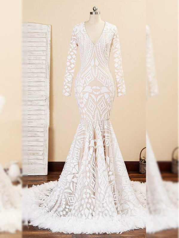 Classy V-neck Sequins Floor-length Mermaid Prom Dresses With Long Sleeves