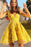 Fashion V neck Yellow Lace Prom A Line Short Homecoming Dress - Prom Dresses