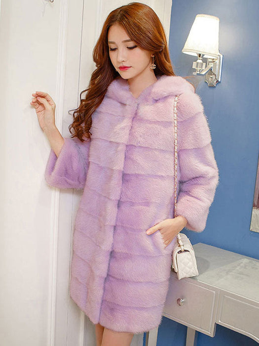 Faux Fur Coat Hooded Long Sleeve Pink Winter Coat For Women