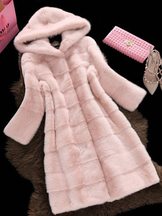 Faux Fur Coat Hooded Long Sleeve Pink Winter Coat For Women