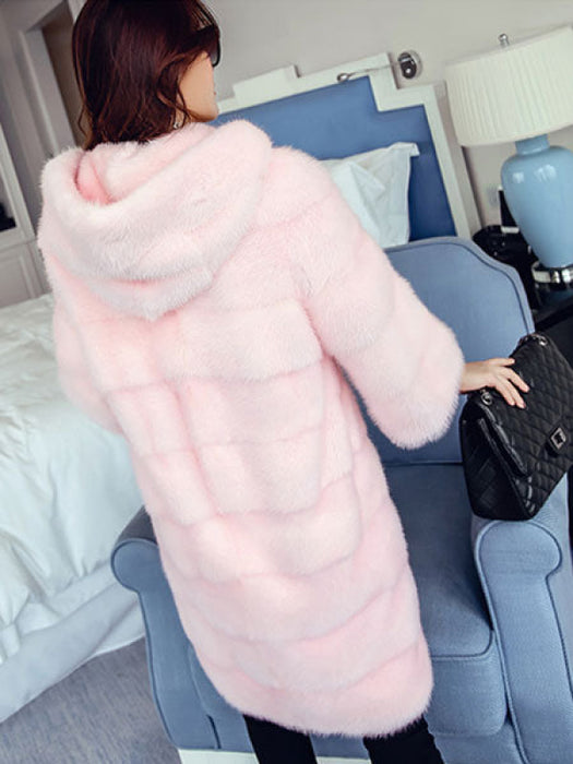 Faux Fur Coat Hooded Long Sleeve Pink Winter Coat For Women