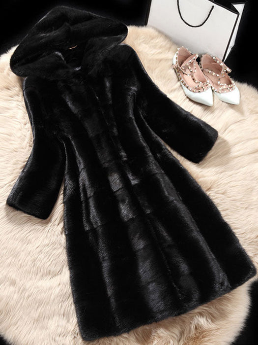 Faux Fur Coat Hooded Long Sleeve Pink Winter Coat For Women