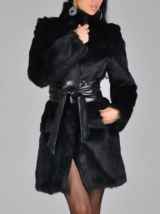 Faux Fur Coat Women Black Long Sleeve Winter Overcoat Sash Excluded