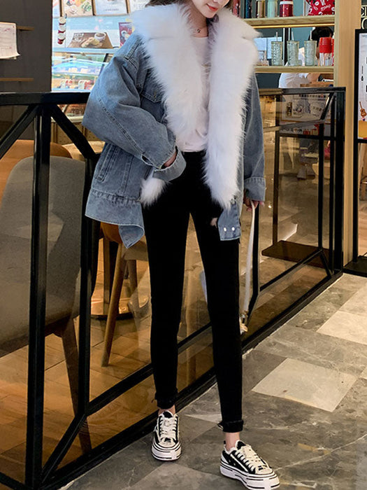 Faux Fur Coats Blue Faux Fur Turndown Collar Long Sleeves Removable Short Winter Coat