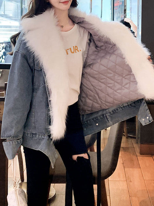 Faux Fur Coats Blue Faux Fur Turndown Collar Long Sleeves Removable Short Winter Coat