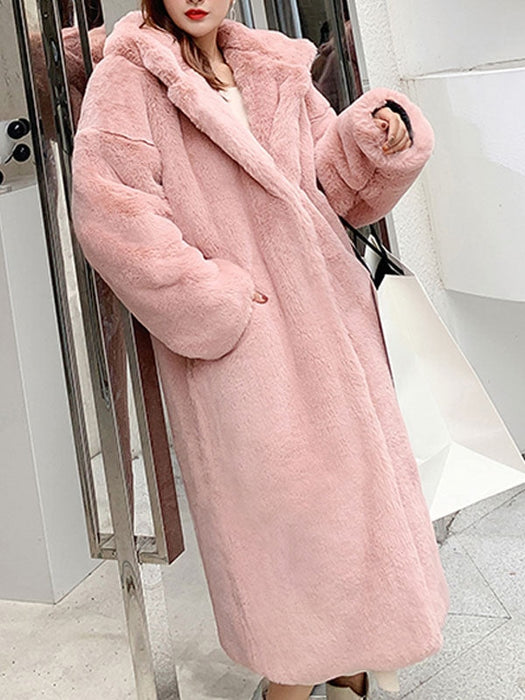 Faux Fur Coats For Women Hooded Long Sleeves Polyester Long Pink Winter Overcoat