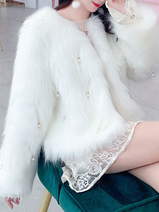 Faux Fur Coats For Women Jewel Neck Long Sleeves Grey Polyester Winter Coat