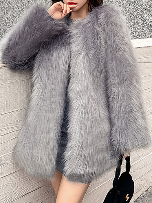 Faux Fur Coats For Women Light Gray Long Sleeves Polyester Short Winter Coat
