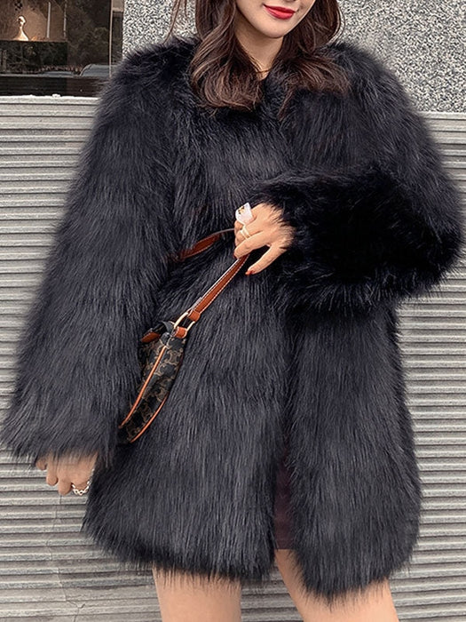 Faux Fur Coats For Women Light Gray Long Sleeves Polyester Short Winter Coat