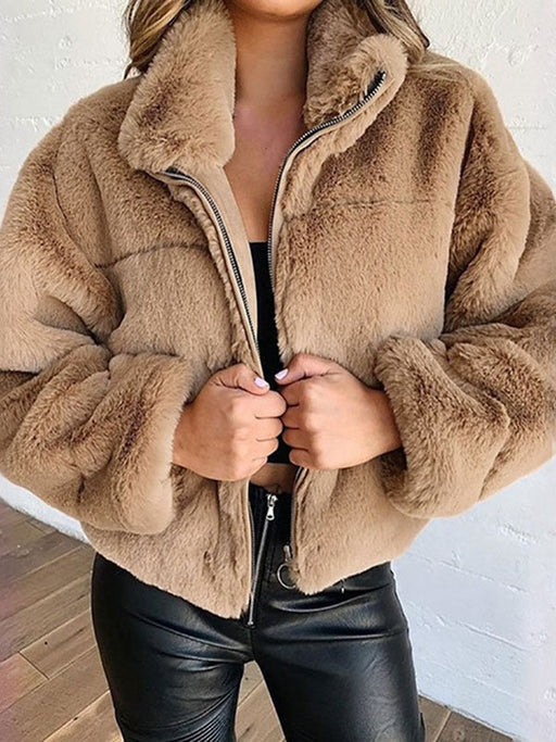 Faux Fur Coats For Women Long Sleeves Casual Stretch Stand Collar Khaki Winter Coat