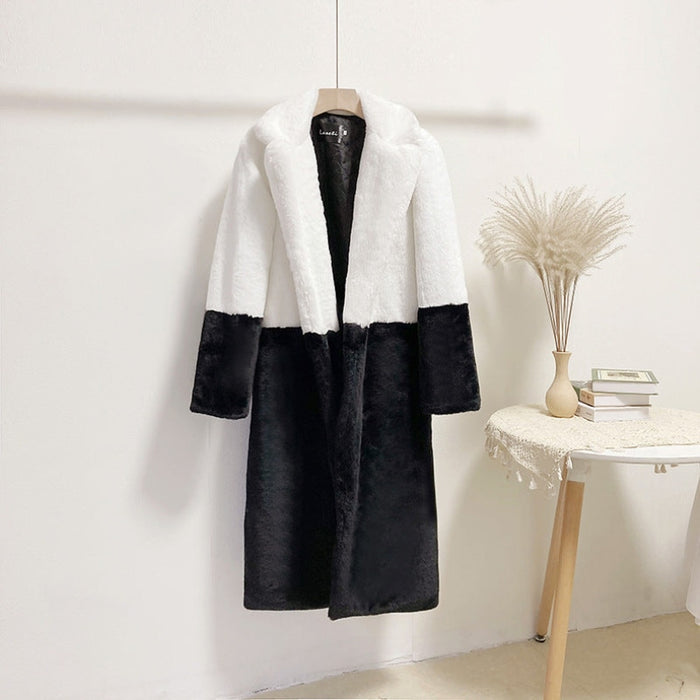 Faux Fur Coats For Women Turndown Collar Long Sleeves Casual Two Tone Stretch V Neck White Long Coat - Black+white / S - Faux Fur Coat