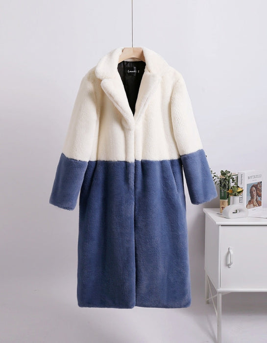 Faux Fur Coats For Women Turndown Collar Long Sleeves Casual Two Tone Stretch V Neck White Long Coat - ivory+mist / S - Faux Fur Coat