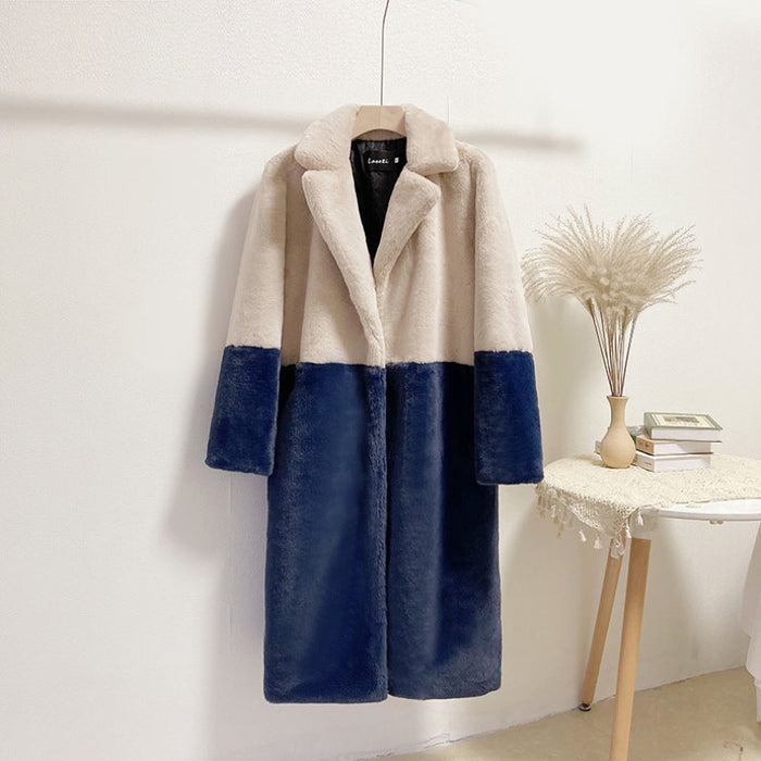 Faux Fur Coats For Women Turndown Collar Long Sleeves Casual Two Tone Stretch V Neck White Long Coat - apricot+navy / S - Faux Fur Coat