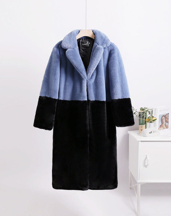 Faux Fur Coats For Women Turndown Collar Long Sleeves Casual Two Tone Stretch V Neck White Long Coat - dusty blue+black / S - Faux Fur Coat