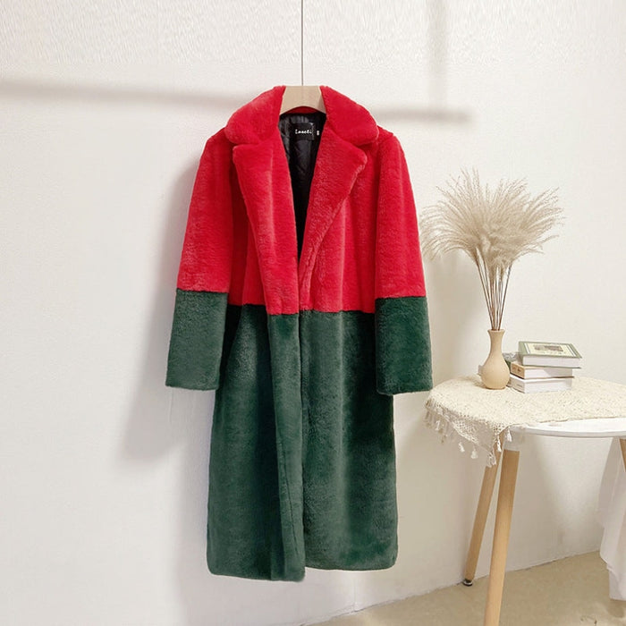Faux Fur Coats For Women Turndown Collar Long Sleeves Casual Two Tone Stretch V Neck White Long Coat - red+ dark green / S - Faux Fur Coat