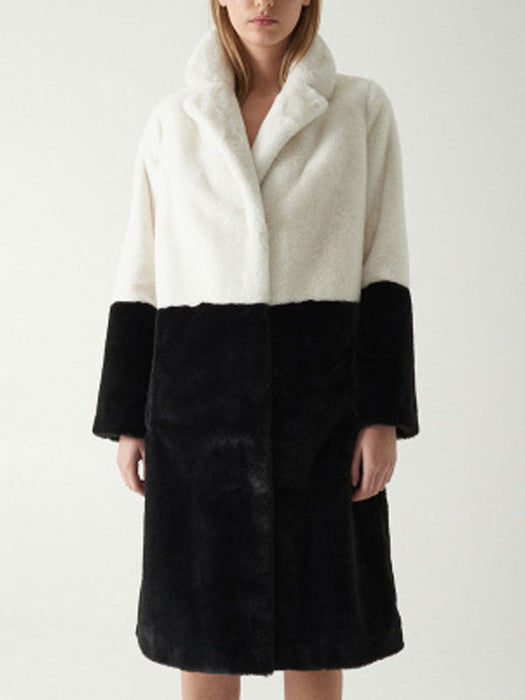 Faux Fur Coats For Women Turndown Collar Long Sleeves Casual Two Tone Stretch V Neck White Long Coat