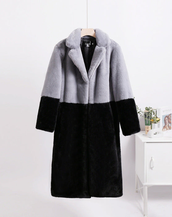 Faux Fur Coats For Women Turndown Collar Long Sleeves Casual Two Tone Stretch V Neck White Long Coat - Faux Fur Coat