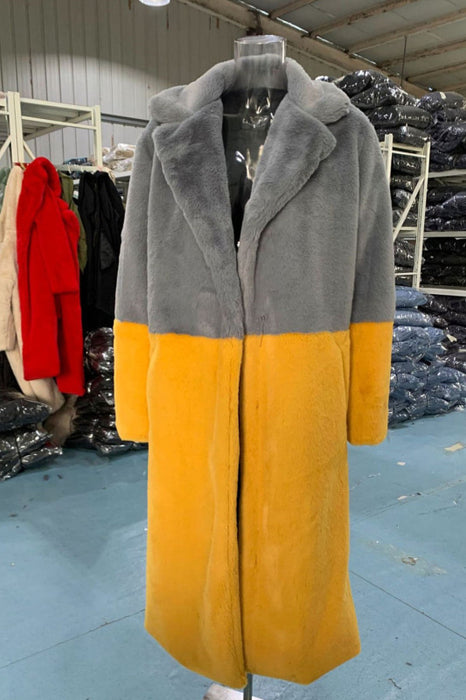 Faux Fur Coats For Women Turndown Collar Long Sleeves Casual Two Tone Stretch V Neck White Long Coat - dusty blue+mustard / S - Faux Fur 