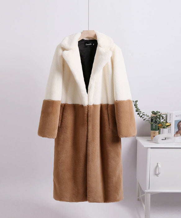Faux Fur Coats For Women Turndown Collar Long Sleeves Casual Two Tone Stretch V Neck White Long Coat - ivory+camel / S - Faux Fur Coat