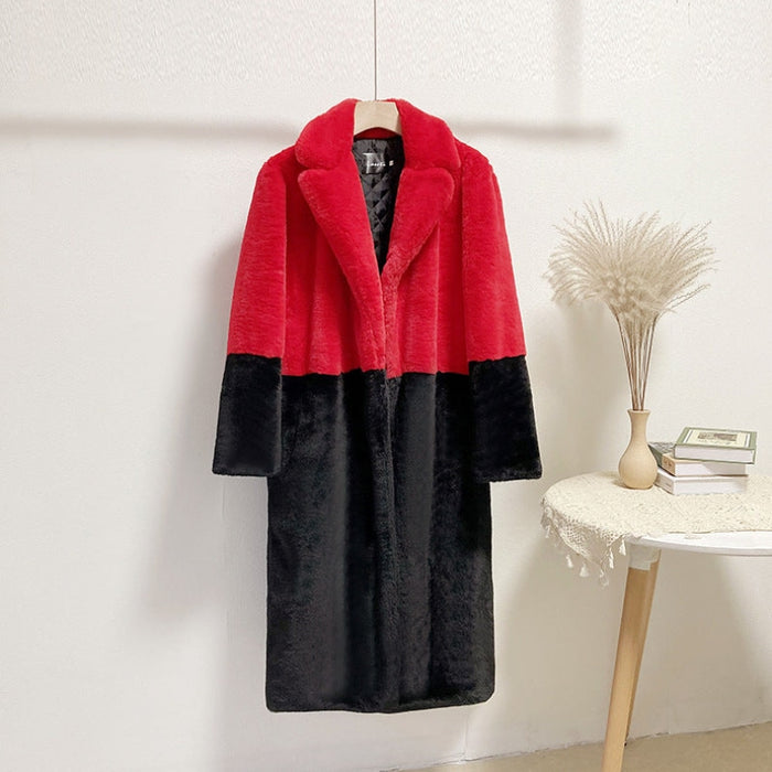 Faux Fur Coats For Women Turndown Collar Long Sleeves Casual Two Tone Stretch V Neck White Long Coat - red+black / S - Faux Fur Coat