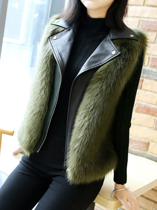 Faux Fur Coats For Women Turndown Collar Sleeveless Hunter Green Short Winter Coat