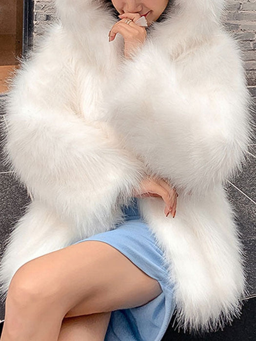 Faux Fur Coats For Women White Long Sleeves Hooded Polyester Apricot Short Winter Coat