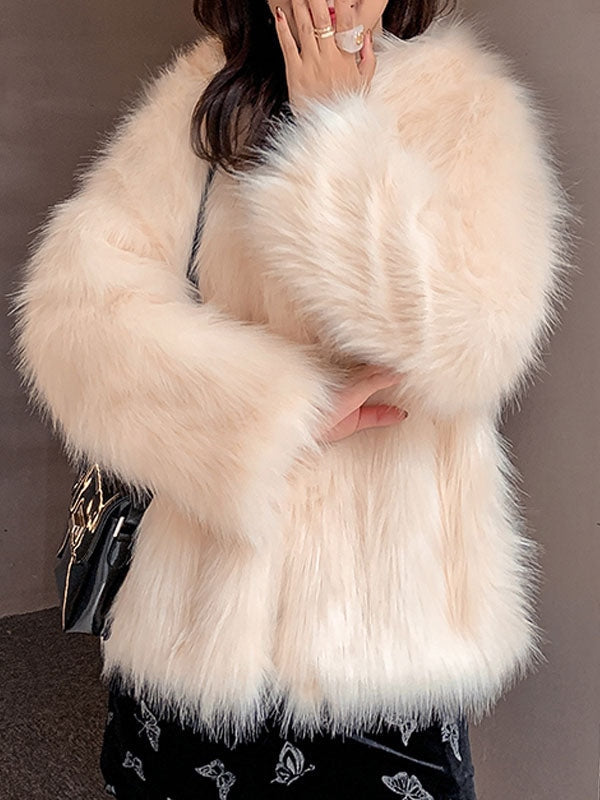 Faux Fur Coats For Women White Long Sleeves Hooded Polyester Apricot Short Winter Coat