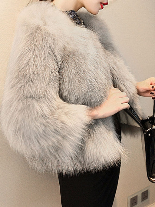 Faux Fur Coats Grey Long Sleeves Polyester Short Winter Coat