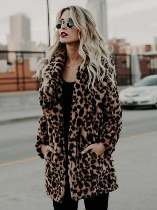 Faux Fur Coats Leopard Long Sleeves Leopard Print Oversized Winter Coat