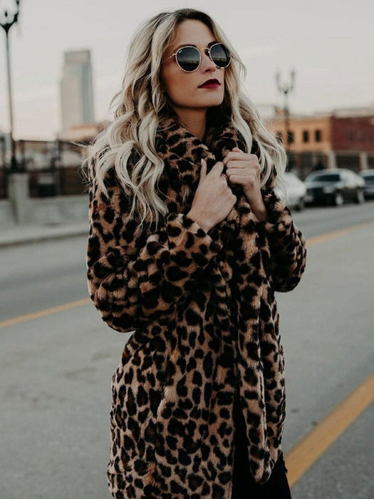 Faux Fur Coats Leopard Long Sleeves Leopard Print Oversized Winter Coat
