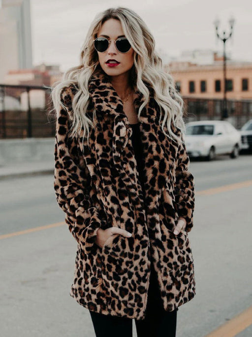 Faux Fur Coats Leopard Long Sleeves Leopard Print Oversized Winter Coat
