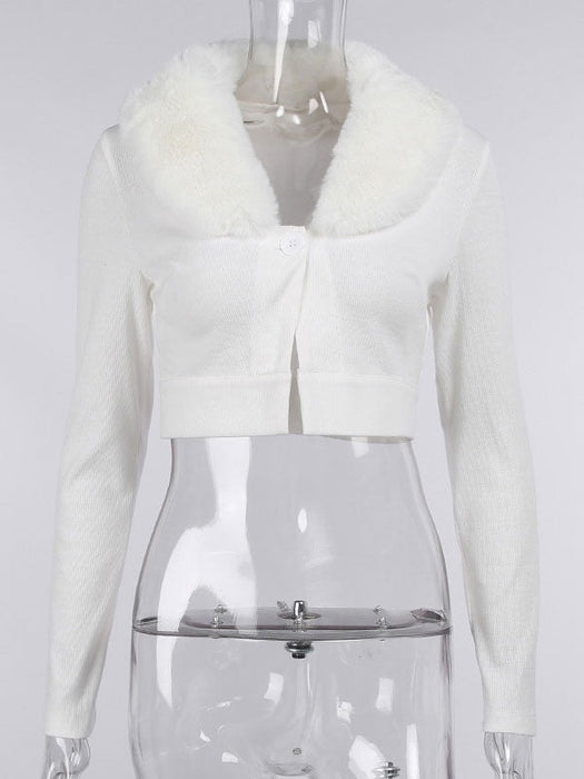 Faux Fur Coats White Long Sleeves Faux Leather Coat Stretch Winter Coat