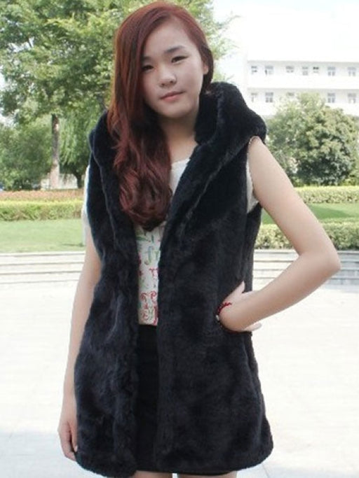 Faux Fur Vest Black Hooded Sleeveless Women's Winter Coat
