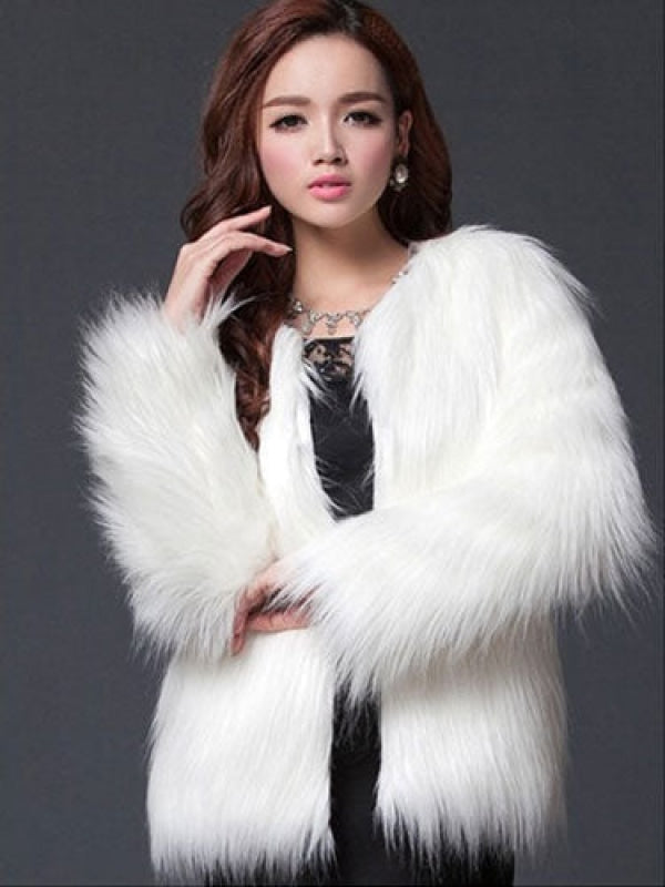 Faux Fur White Coat Women's Winter Round Collar Long Sleeve Fluffy Coat