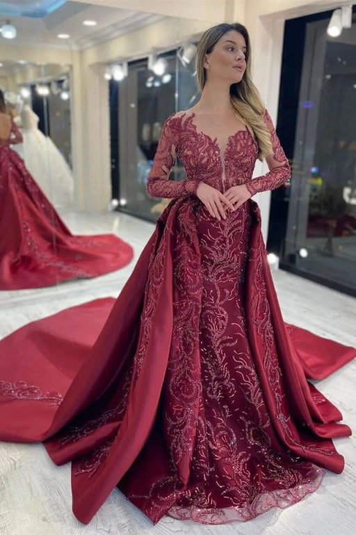 Mermaid Evening Dress with Long Sleeves Applique Sequins Elegant Rose