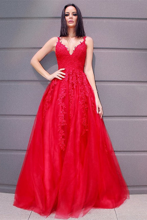 Sleeveless Lace Appliques Red Prom Dress